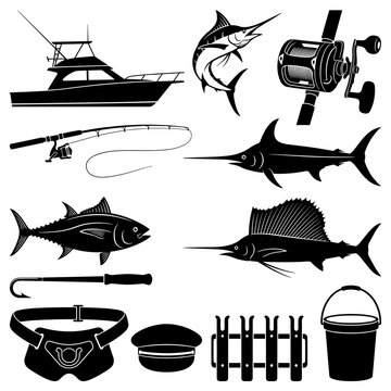 Deep sea sport fishing set: boat silhouette, jumping marlin, and gear icons