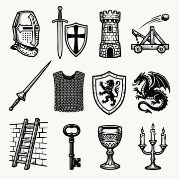 Medieval knight and castle icon set, woodcut style black and white historical fantasy elements