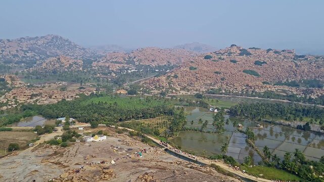 Aerial view of sacred Anjanadri hill landscape in hampi karnataka surrounded by scenic nature