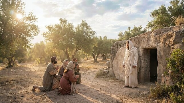 Holy Christ Arise: resurrection morn, Jesus return, disciple kneel, empty sepulchre, divine miracle, sacred ground, eternal hope, new covenant, humble pray, glorious light.