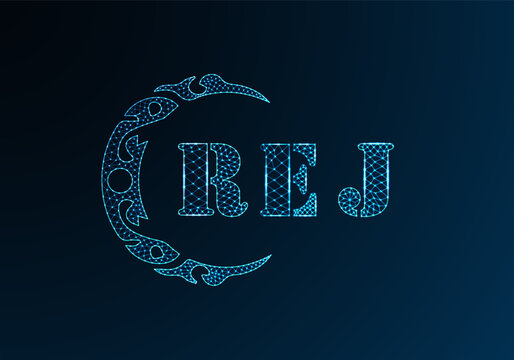 Low poly letter logo REJ design. REJ letter logo low poly vector design on blue color gradient background. REJ logo low poly design