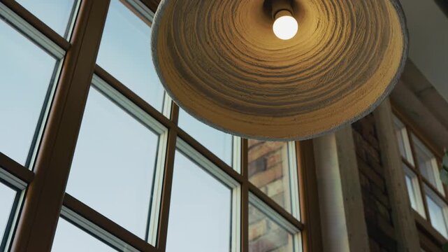 Cinematic view of a designer light fixture and large windows in cafe