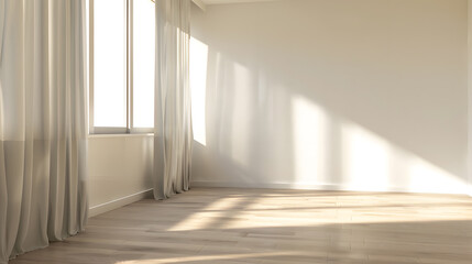 Fototapeta premium Empty Bright Room with Sunlight Through Sheer Curtains, Minimalist Interior and Real Estate Concept 