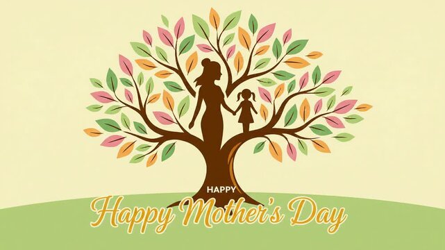Happy Mother's Day Animation with Mother and Daughter on a Growing Tree