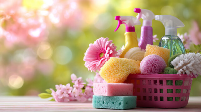 Vibrant spring cleaning supplies artfully arranged outdoors with flowers.