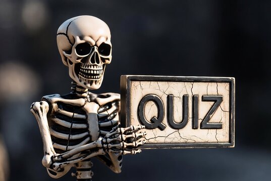 A skeleton holding a quiz sign. It's a Halloween-themed quiz. A dark, shadowy room.