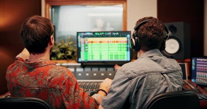Handshake, producer or happy people with computer in recording studio, mixing success or music production. Celebrate, headphone or sound engineer team with vocal capture for song, shake hands or tech