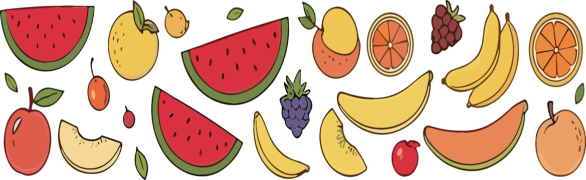 Fresh Mixed Fruits Vector Set with Watermelon Banana Orange Grapes Apple Melon Collection Healthy Food Flat Illustration Design