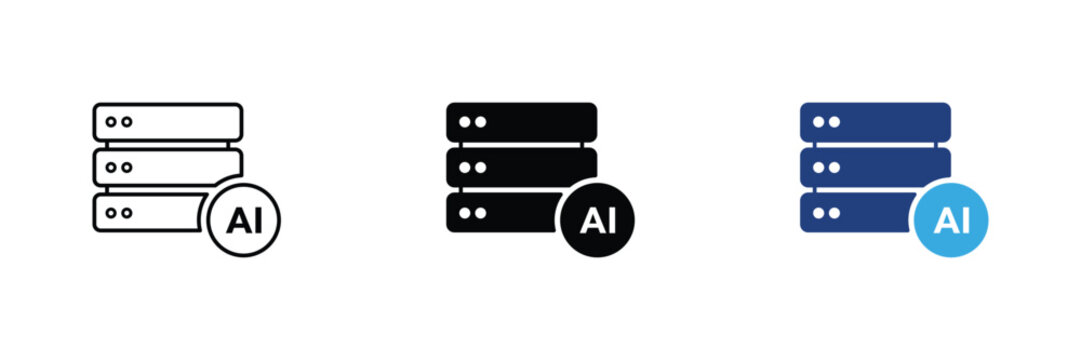 AI data center icon. Server technology symbol with cloud and artificial intelligence concept. Network storage interface design for computing systems and AI infrastructure vector illustration