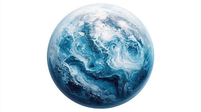 Abstract swirling blue and white planet with textured surface, isolated on white background