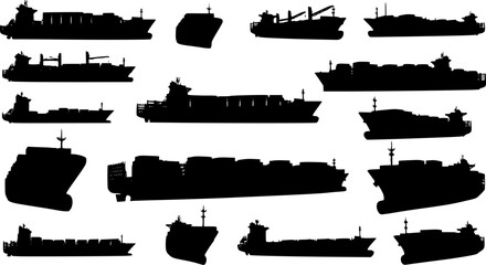 Obraz premium Collection of detailed black container ship silhouettes from multiple perspectives, representing global trade and, isolated on white background 