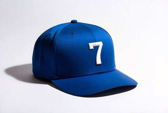 A blue baseball cap with a white number 7 on it. It&rsquo;s resting on a textured surface, likely studio lighting.