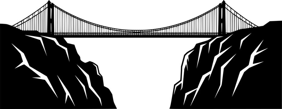 Black silhouette of a suspension bridge between two cliffs on a isolated on white background
