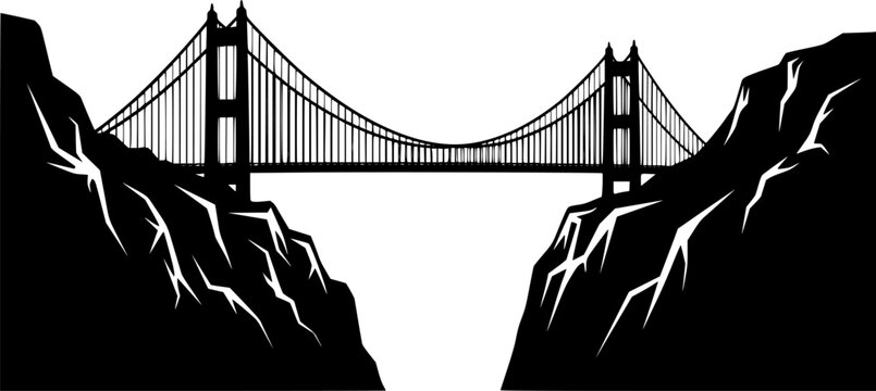 Black silhouette of a suspension bridge between two cliffs on a isolated on white background
