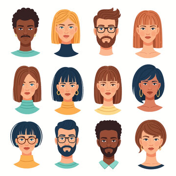 Flat vector illustration of twelve diverse male and female avatar icons featuring various ethnicities, skin tones, hairstyles, facial hair, and eyewear on a white background.