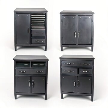 Four dark metal cabinets, various door/drawer configs