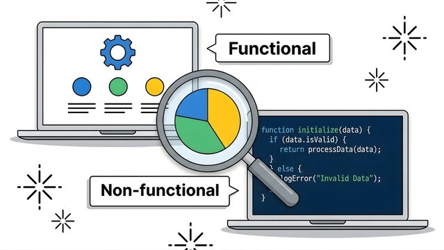 Illustration of a magnifying glass analyzing a pie chart on a laptop with coding on another laptop in the background, surrounded by functional and non-functional text boxes on a white