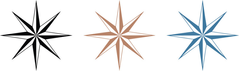 Obraz premium Compass wind rose icon set, colorful star symbols representing navigation direction travel map and nautical exploration design elements.