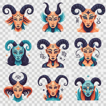 Collection of nine stylized vector portraits of humanoid characters with ram horns and assorted zodiac symbols, featuring symmetrical designs and a teal and orange color palette.