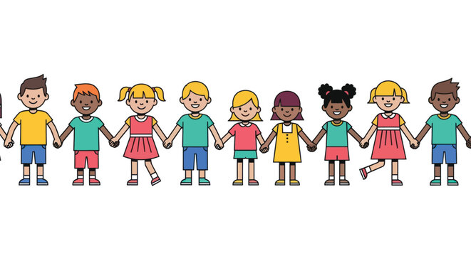 Diverse children holding hands, kids illustration set, unity and friendship concept, colorful cartoon characters