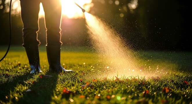 Sunlight glints off misted grass. Person waters lawn with hose. Dewy blades catch golden rays. Backlit figure stands on green. Spray arcs upward in glow. Morningside garden receives care