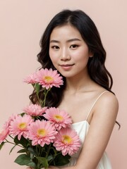 Fototapeta premium Portrait of young Asian woman wearing white hat with natural beauty and studio lighting