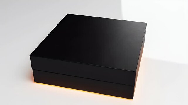 A sleek, black, rectangular box with a subtle orange glow emanating from its base sits on a pristine white surface, showcasing a modern and minimalist design.