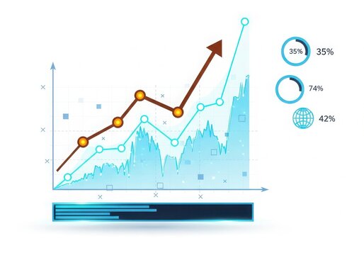 Visualization of data clustering and trends with pie charts and line graph isolated on white background