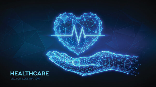 Healthcare concept featuring a glowing blue polygonal human hand holding a stylized heart with a digital heartbeat line representing advanced medical technology and patient care.