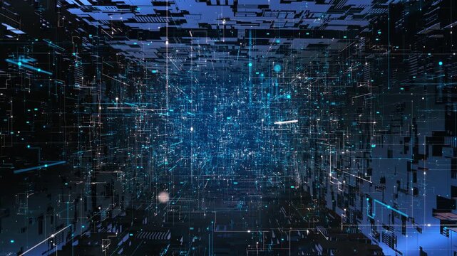 Abstract Digital Data Cube Network Space futuristic environment data cubes circuit lines immersive digital city, AI big data visuals, technology backgrounds, cybersecurity , innovation presentations.