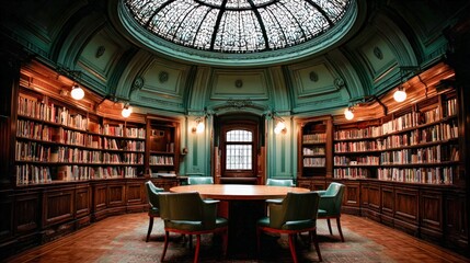 Fototapeta premium Elegant library interior with a round table and chairs under a domed ceiling