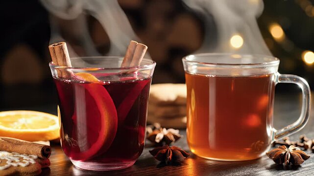 Two steaming mugs of spiced beverages, likely mulled wine and tea, sit on a rustic table with festive decorations and a warm, cozy atmosphere.