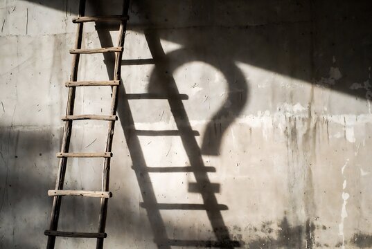 A wooden ladder casts a shadow on a concrete wall.