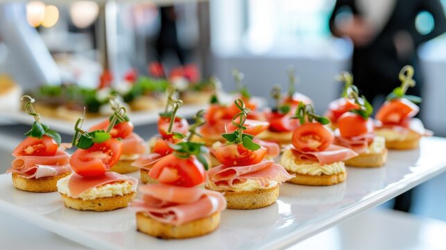 Elegant hors d'oeuvres with sliced ham and cherry tomatoes arranged artistically for a gourmet catering event or upscale gathering