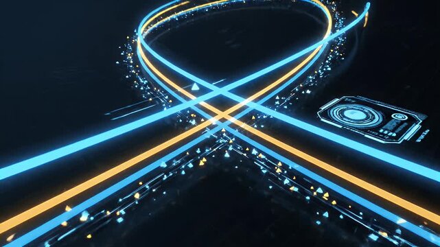 A striking abstract composition features intersecting neon lines in yellow and blue against a dark, tiled surface, creating a modern and dynamic visual effect.