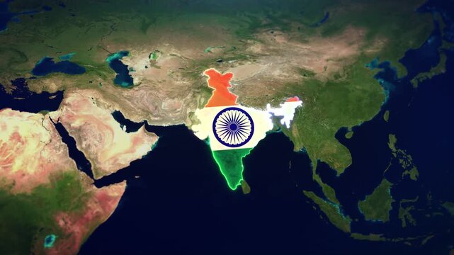 ashoka chakra independence day india flag glowing in world map celebration tricolor fireworks indian colors drawing area boundaries 3D 4K Satelite map of India or Bharat or Hindustan with Flag and