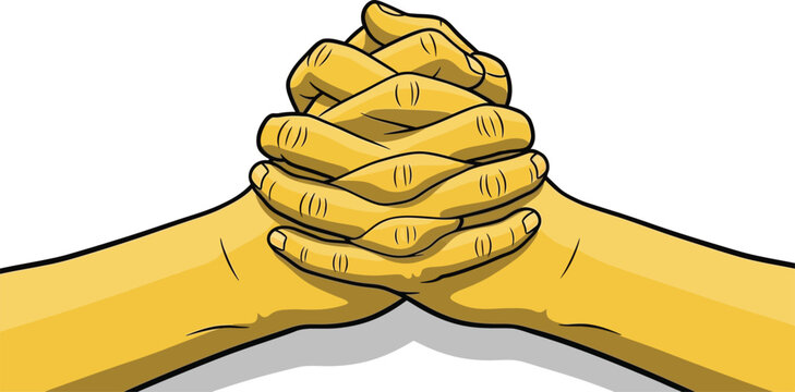 Interlocked fingers represent a gesture of unity, solidarity, and strong personal connection through a stylized yellow graphic illustration.