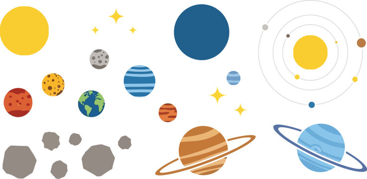 Solar system planets, stars, and asteroids orbit in a celestial display of space exploration and scientific discovery for educational graphic projects.