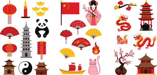 Vector Set of Chinese Cultural Symbols Including Lanterns, Pandas, Dragons, Temples, Fans, and Traditional Icons © Lipi
