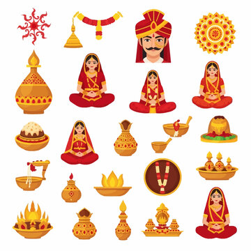 Collection of Indian Hindu wedding ceremony illustrations featuring bride, groom, sacred fire havan kund, kalash pots, diyas, floral garlands, and ritual offerings on white background.