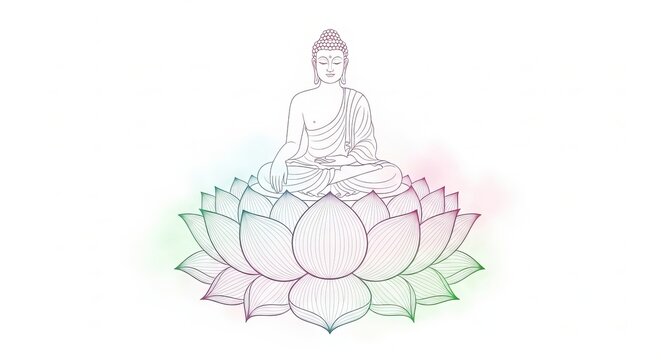 minimalist lotus flower mandala with meditating buddha silhouette line art