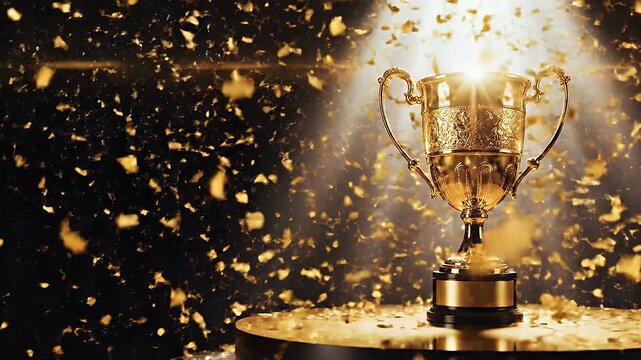 A gleaming golden trophy stands proudly on a circular pedestal, illuminated by a dramatic spotlight and surrounded by shimmering confetti against a dark background.