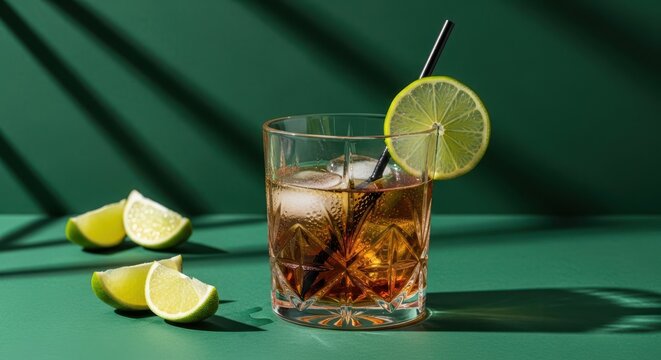 Refreshing rum and cola cocktail in a crystal glass with ice, lime slice garnish, and a black straw on a green background with dramatic shadows