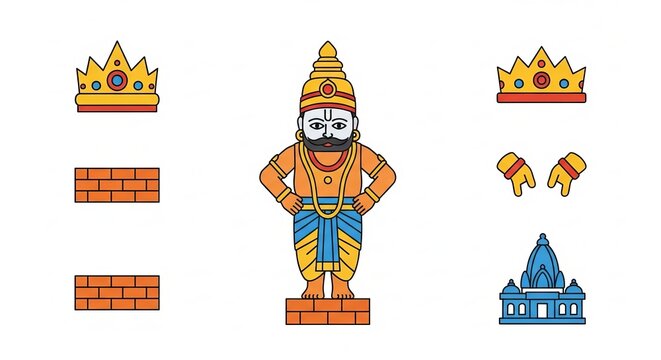 Vithoba (Vittal) Hindu Deity Illustration With Temple Elements, Crowns and Brick Motifs