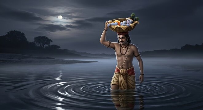 Vasudeva Carrying Baby Krishna Across the Yamuna Under Sheshnag Shelter - Hindu Mythology Illustration