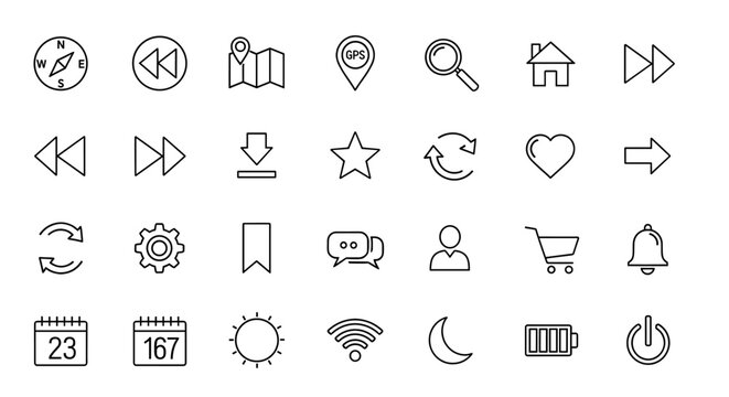 A collection of 35 thin line icons representing various digital and everyday concepts, arranged in a grid.