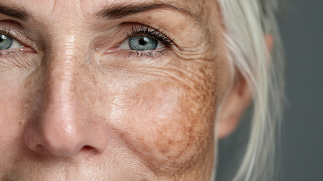 Detailed portrait of older woman skin with wrinkles and pigmentation, highlighting real aging beauty.