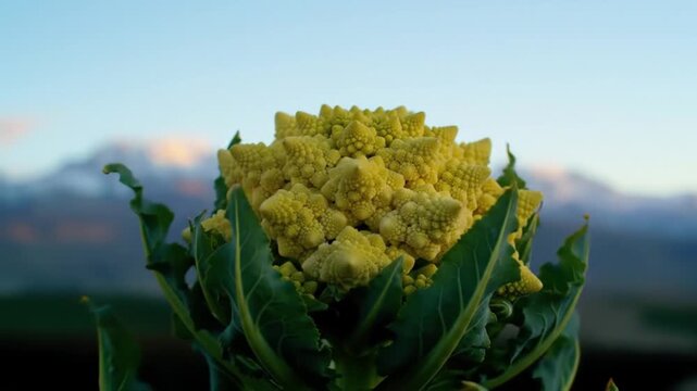 Unique Romanesco broccoli fractal pattern in a field at sunset