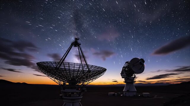 Radio telescopes stand silhouetted against a vibrant sunset in a desert landscape.