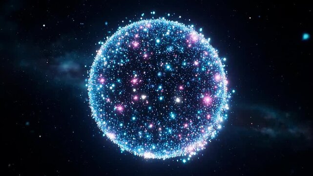 Vibrant glowing particle 3d sphere animation. Virtual assistant concept. Bright 3d energy orb in the space. Technology, science, innovations, and artificial intelligence background. 4k loop ai new